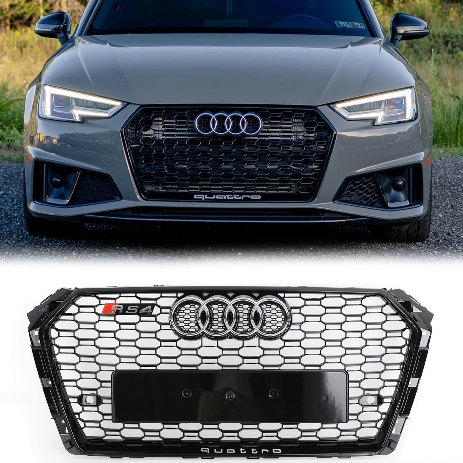 2016-2019 Audi A4 / A4 S-Line / S4 B9 RS4 Style Honeycomb Mesh Grill Front Bumper Gloss Black Grille With Silver Emblem - 0