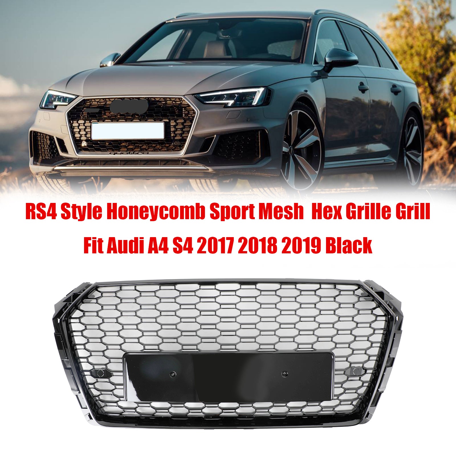 2016-2019 Audi A4/A4 S-LINE/S4 B9 RS4 WHonecomb Mesh Grill Front Stoßstange Gloss Black Kühlergrill