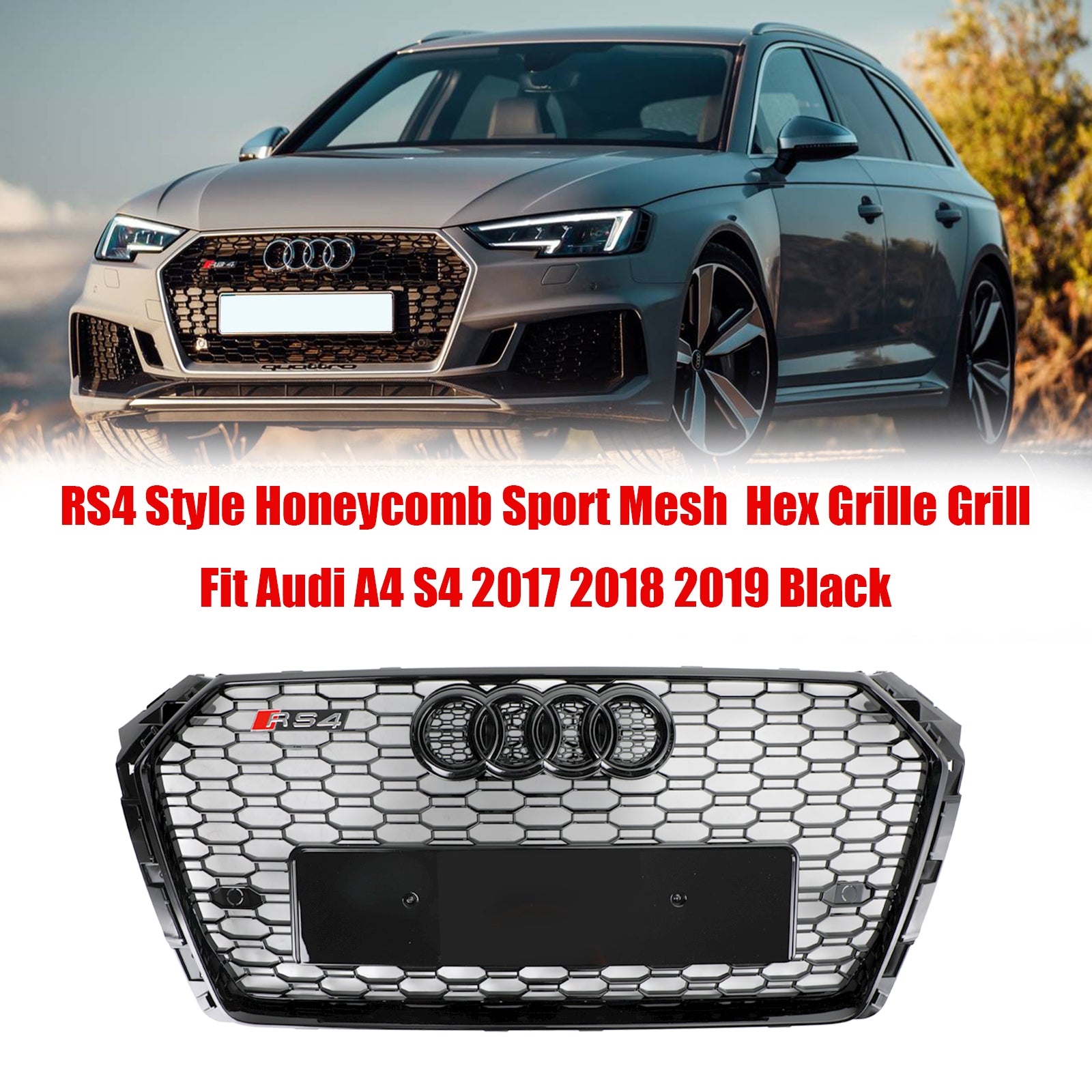 2017-2019 Audi A4 S4 RS4 Style Honeycomb Mesh Hex Grill Replacement Gloss Black Grille