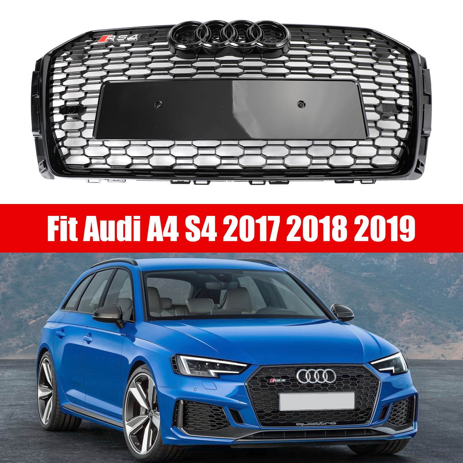 Rejilla de repuesto de malla hexagonal en forma de panal de abeja estilo Audi A4 S4 B9 RS4 2016-2019, color negro brillante