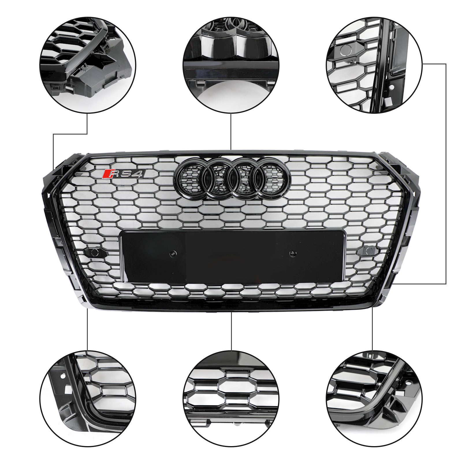 Grille de calandre hexagonale en nid d'abeille de style Audi A4 S4 RS4 2017-2019, calandre noire brillante de remplacement