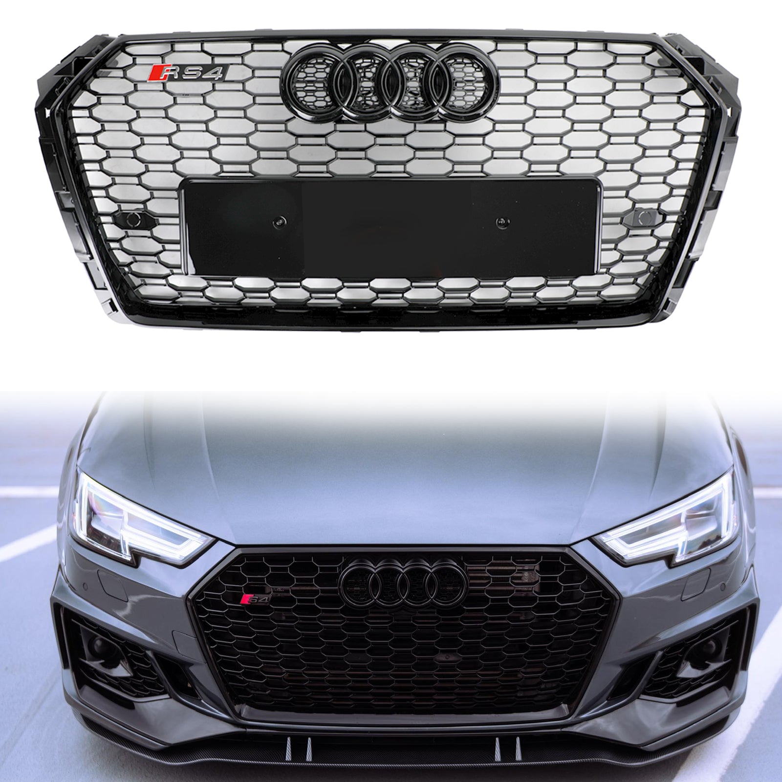 2016-2019 Audi A4 / A4 S-Line / S4 B9 RS4 Style Honeycomb Mesh Grill Front Bumper Gloss Black Grille - 0