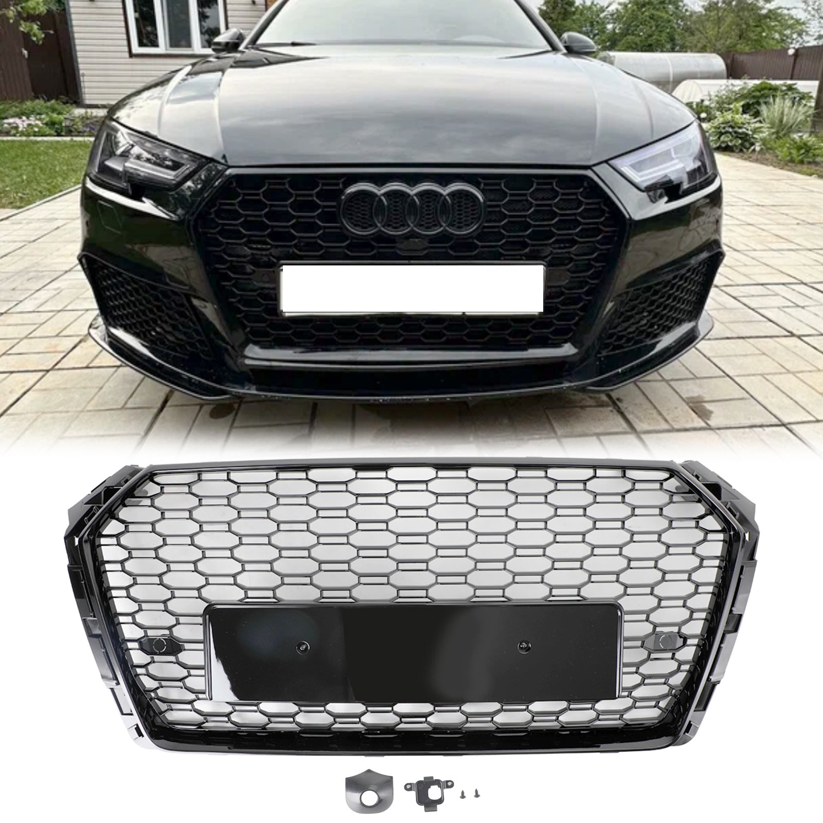 2016-2019 Audi A4 / A4 S-Line / S4 B9 RS4 Style Honeycomb Mesh Grill Front Bumper Gloss Black Grille