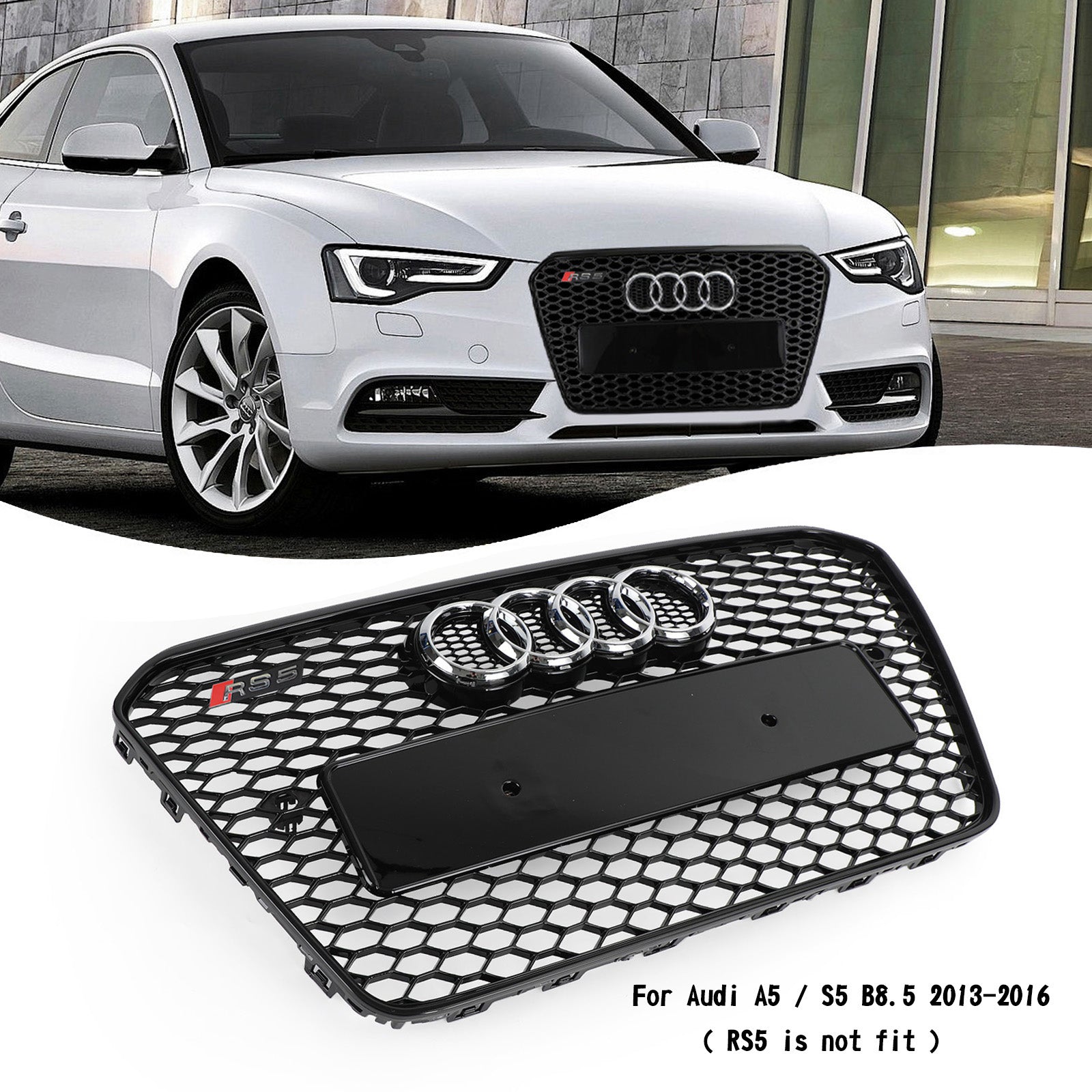 Audi A5 / A5 Sline / S5 B8.5 2012 2013 2014 2015 2016 Honeycomb Hex RS5 Style Grille Glossy Black Front Grille W/ Emblem