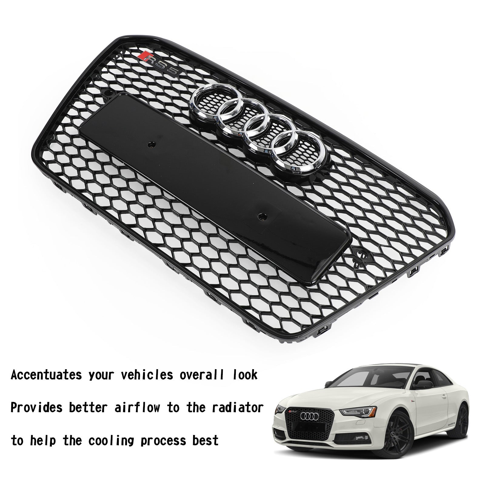 Audi A5 / A5 Sline / S5 B8.5 2012 2013 2014 2015 2016 Honeycomb Hex RS5 Style Grille Glossy Black Front Grille W/ Emblem