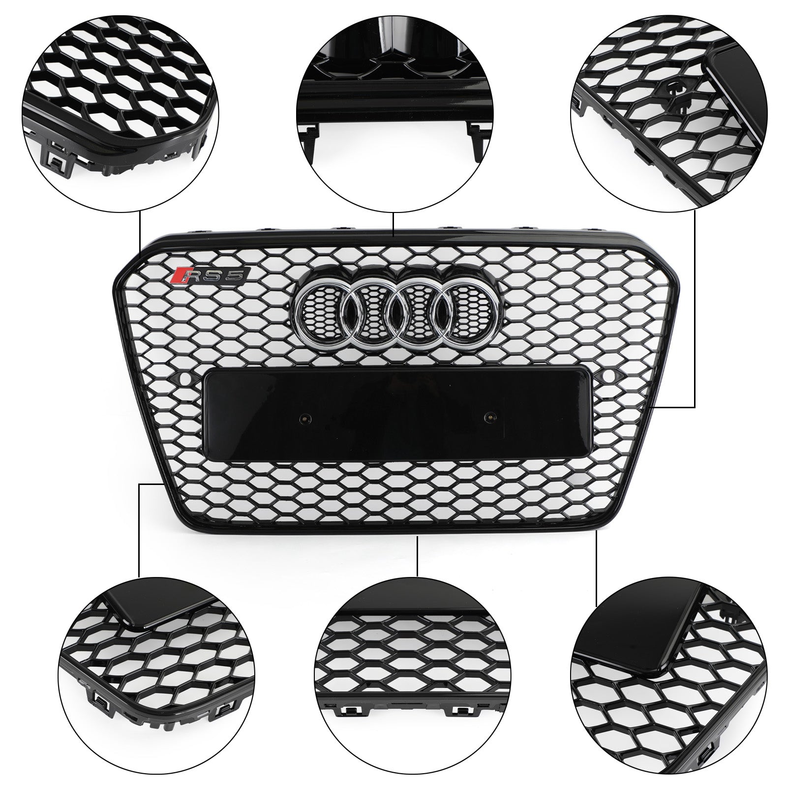 Audi 2012-2016 A5 S5 B8.5 Grill Replacement RS5 Style Honeycomb Hex Mesh Front Bumper Black Grille