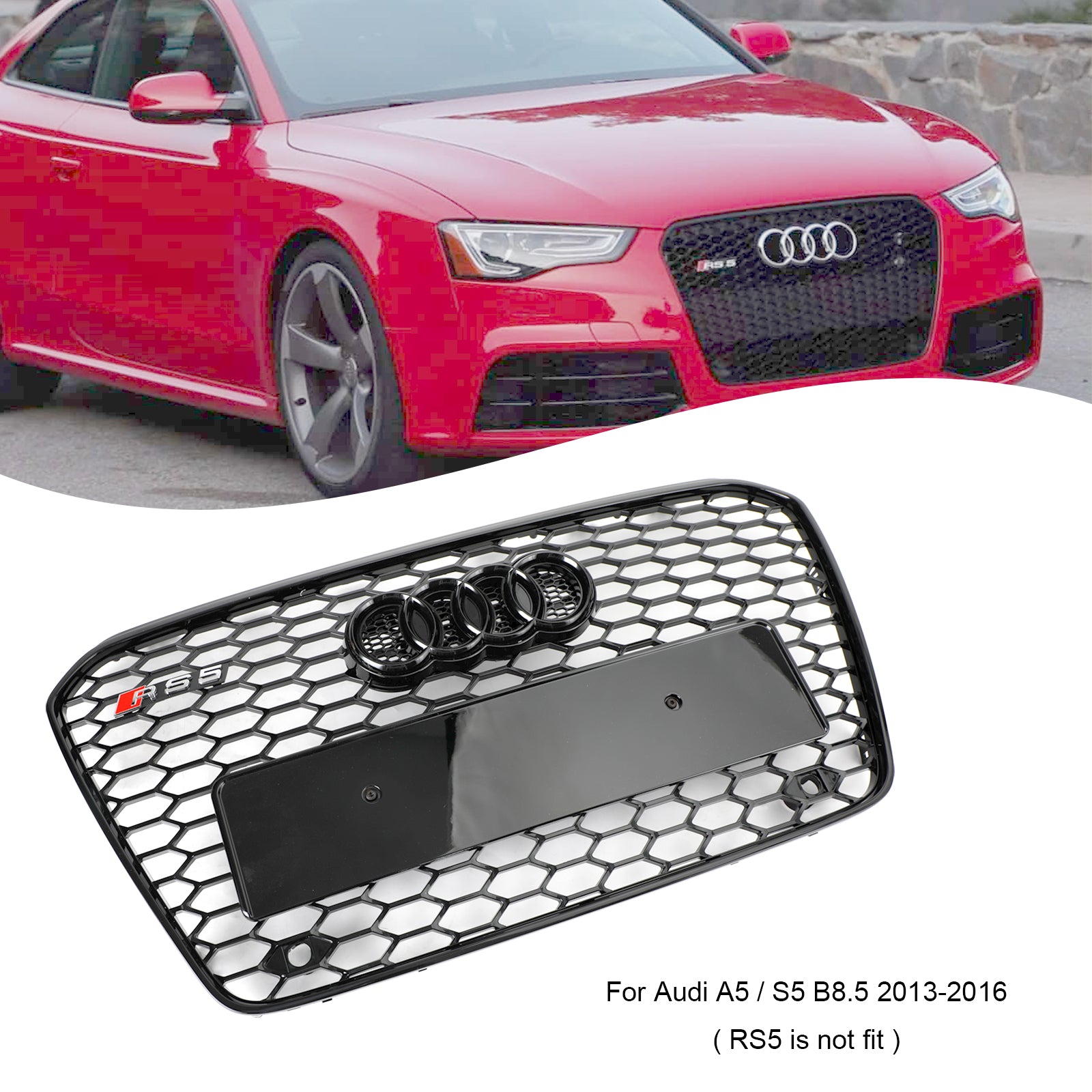 Audi 2012-2016 A5 S5 B8.5 Grill Replacement RS5 Style Honeycomb Hex Mesh Front Bumper Black Grille