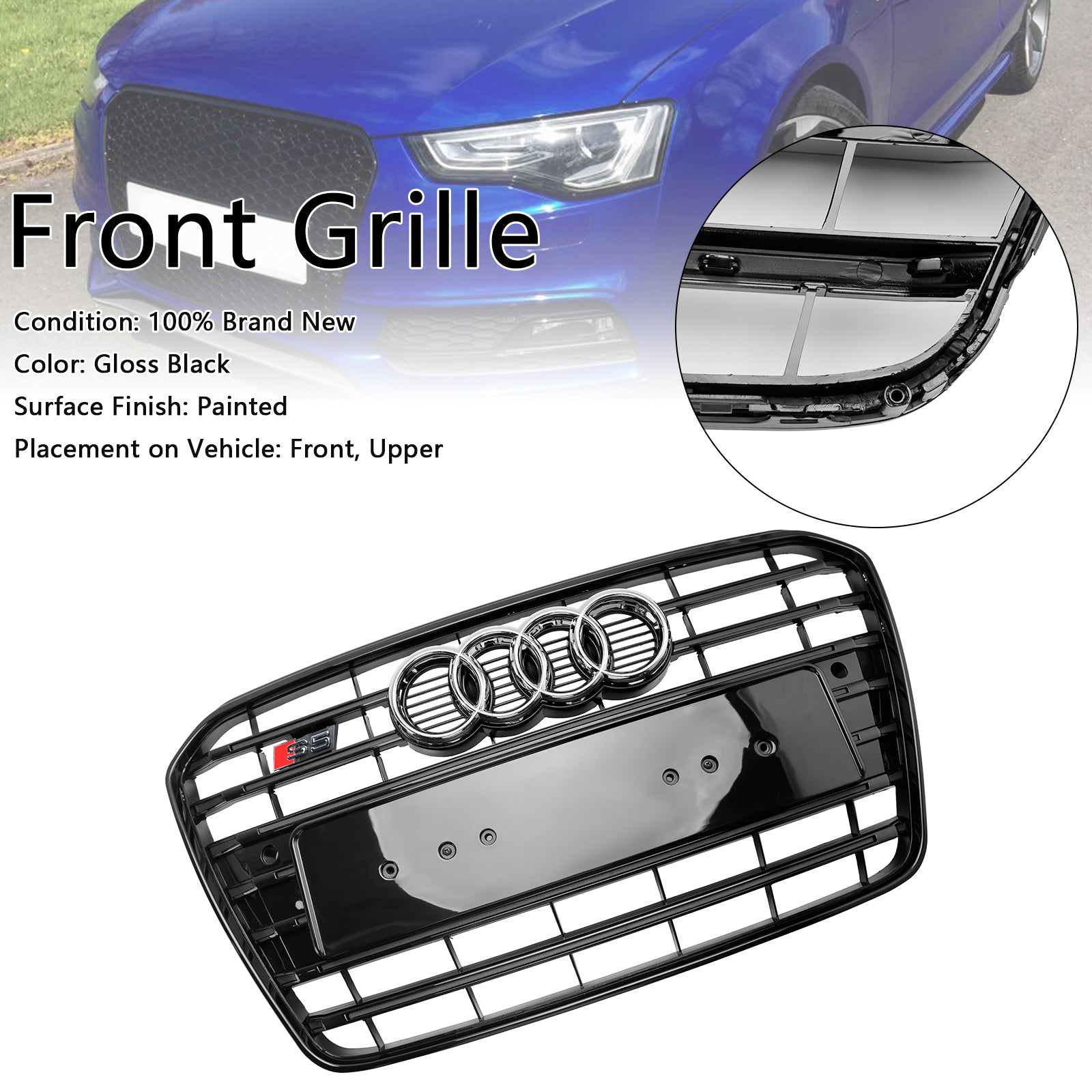 Audi A5 / A5 Sline / S5 B8.5 2013-2016 RS5 / S5 Style Grill Front Bumper Glossy Black Grille