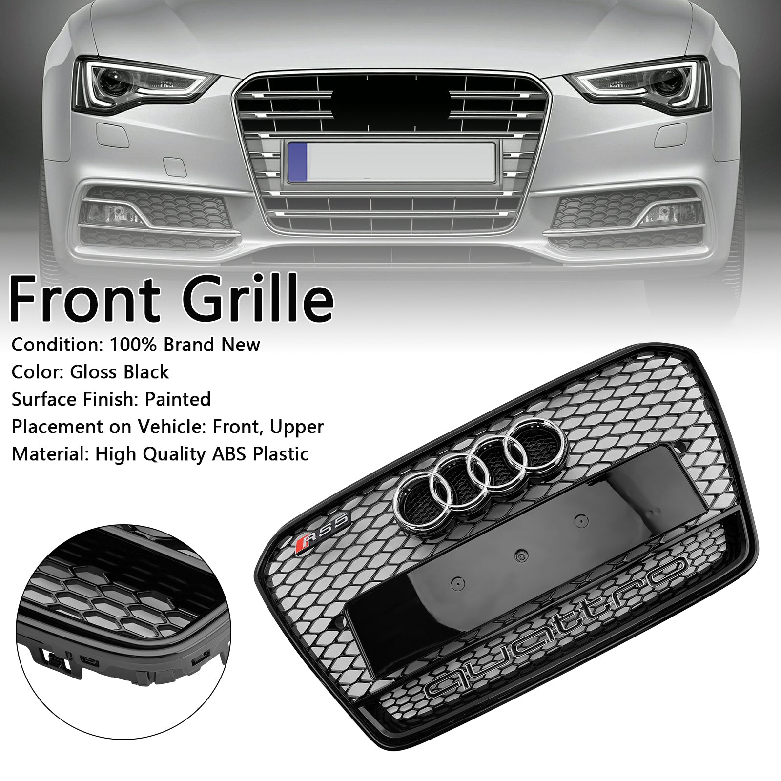 2012-2016 Audi A5/A5 S Line/S5 B8.5 RS5 Grilla paraurti anteriore a nido d'ape con emblema ad anello d'argento