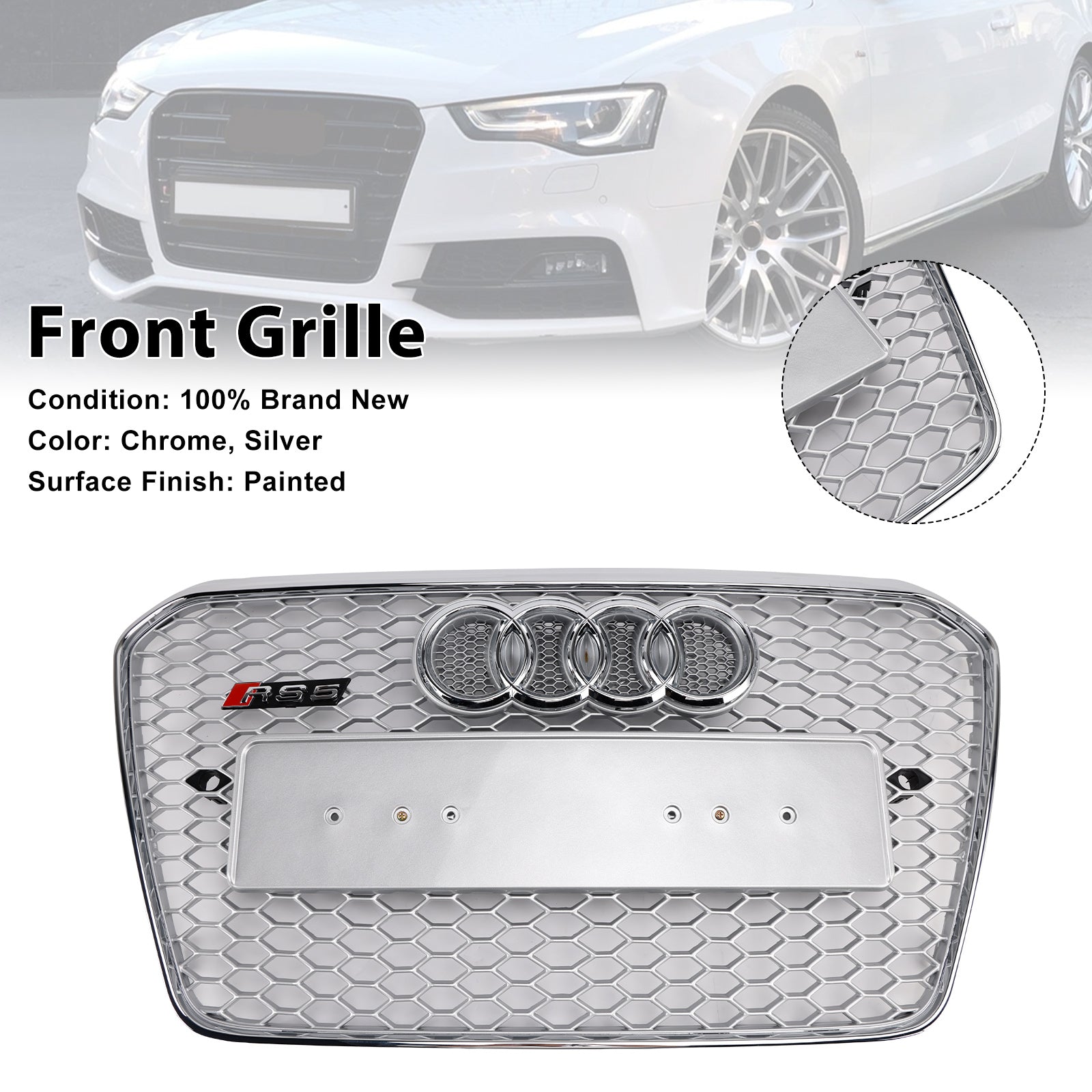 Audi A5/S5 B8.5 2013–2016, RS5-Stil, Chrom-Kühlergrill, Waben-Frontstoßstangengrill mit silbernem Emblem
