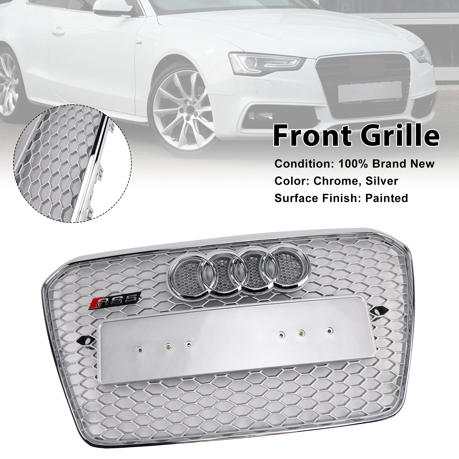 Audi A5/S5 B8.5 2013–2016, RS5-Stil, Chrom-Kühlergrill, Waben-Frontstoßstangengrill mit silbernem Emblem