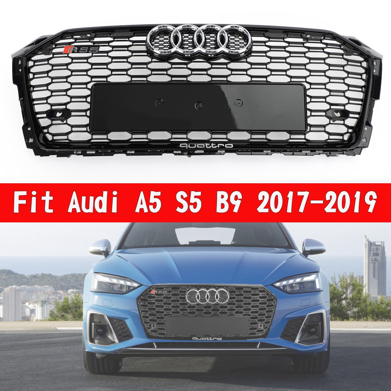 Grille de calandre en nid d'abeille de remplacement pour Audi A5 / A5 Sline / S5 B9 2017-2019 Grille de calandre hexagonale noire de style RS5