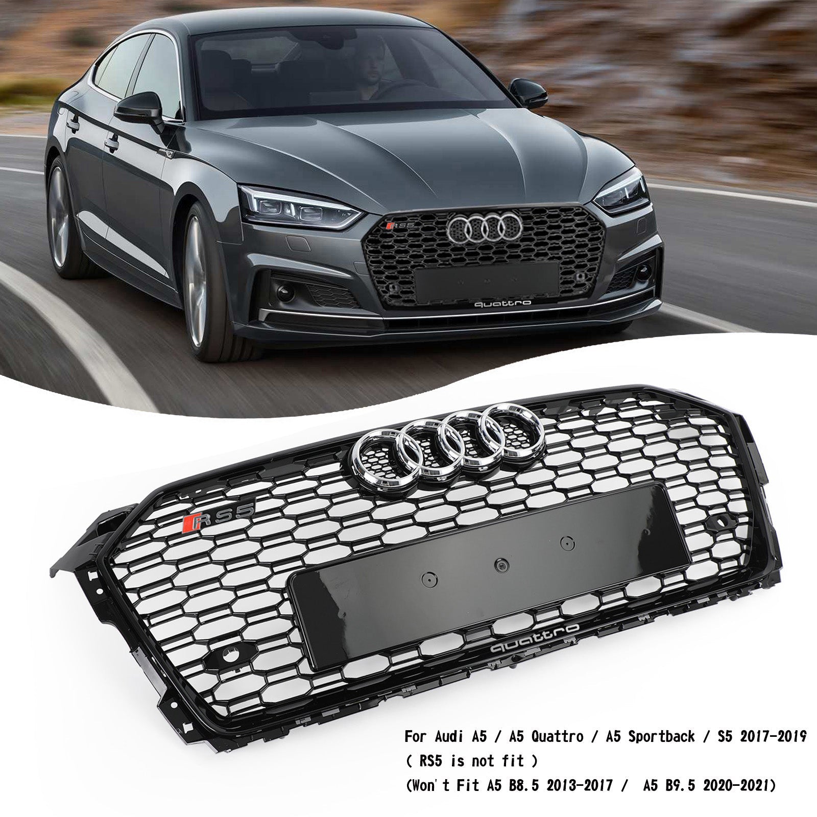 2017-2019 Audi A5 S5 Honeycomb Grill Replacement RS5 Style Sport Mesh Hex Black Grille