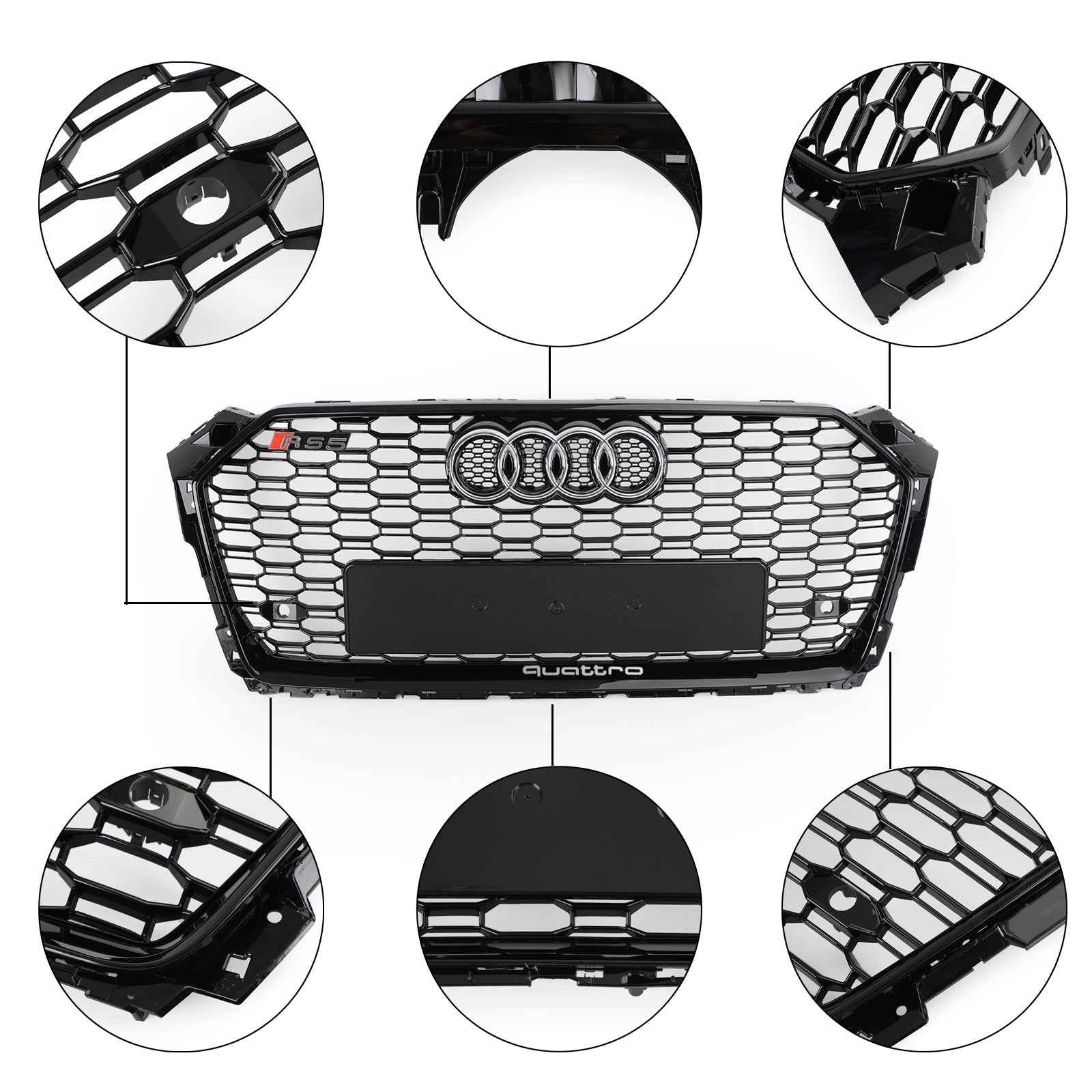 Audi A5 / A5 Sline / S5 B9 2017 2018 2019 RS5 Style Honeycomb Sport Mesh Hex Grille Front Bumper Glossy Black Grill