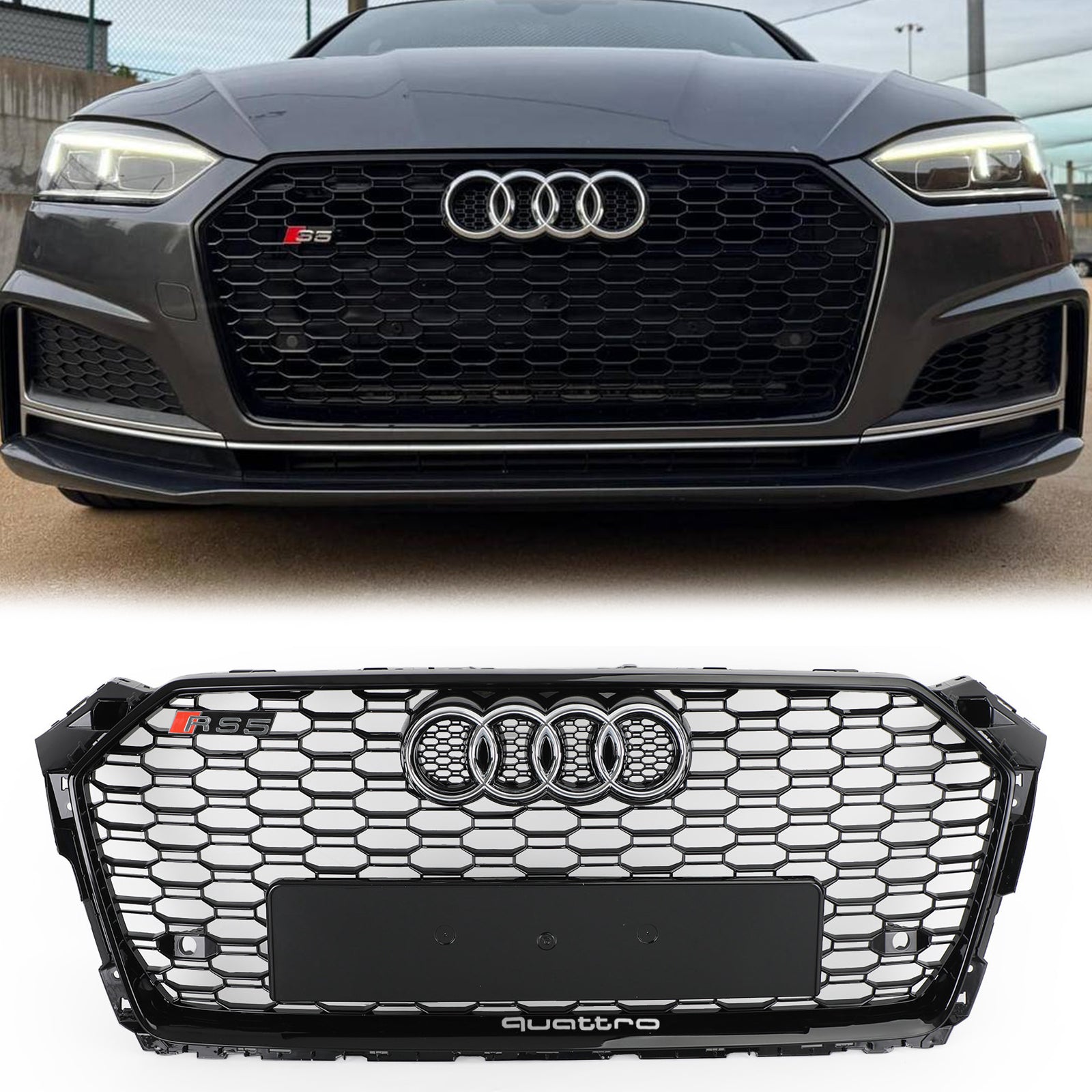 2017-2019 Audi A5 / A5 Sline / S5 B9 Honeycomb Grill Replacement RS5 Style Sport Mesh Hex Black Grille