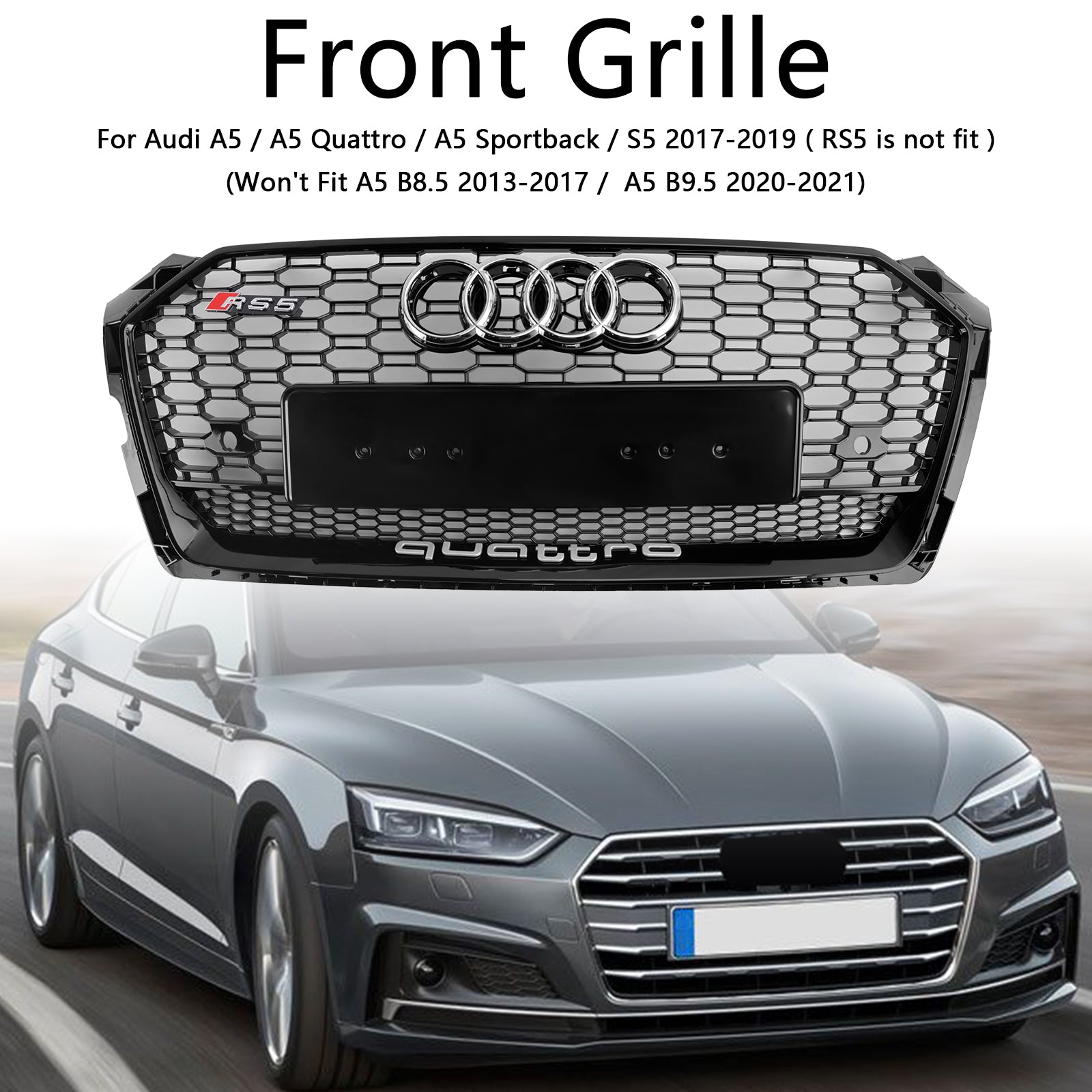 Audi A5 / A5 Sline / S5 2017 2018 2019 Honeycomb Front Glossy Black Grille RS Quattor Style Air Intake Radiator Mesh Grill W/ Rings Emblem