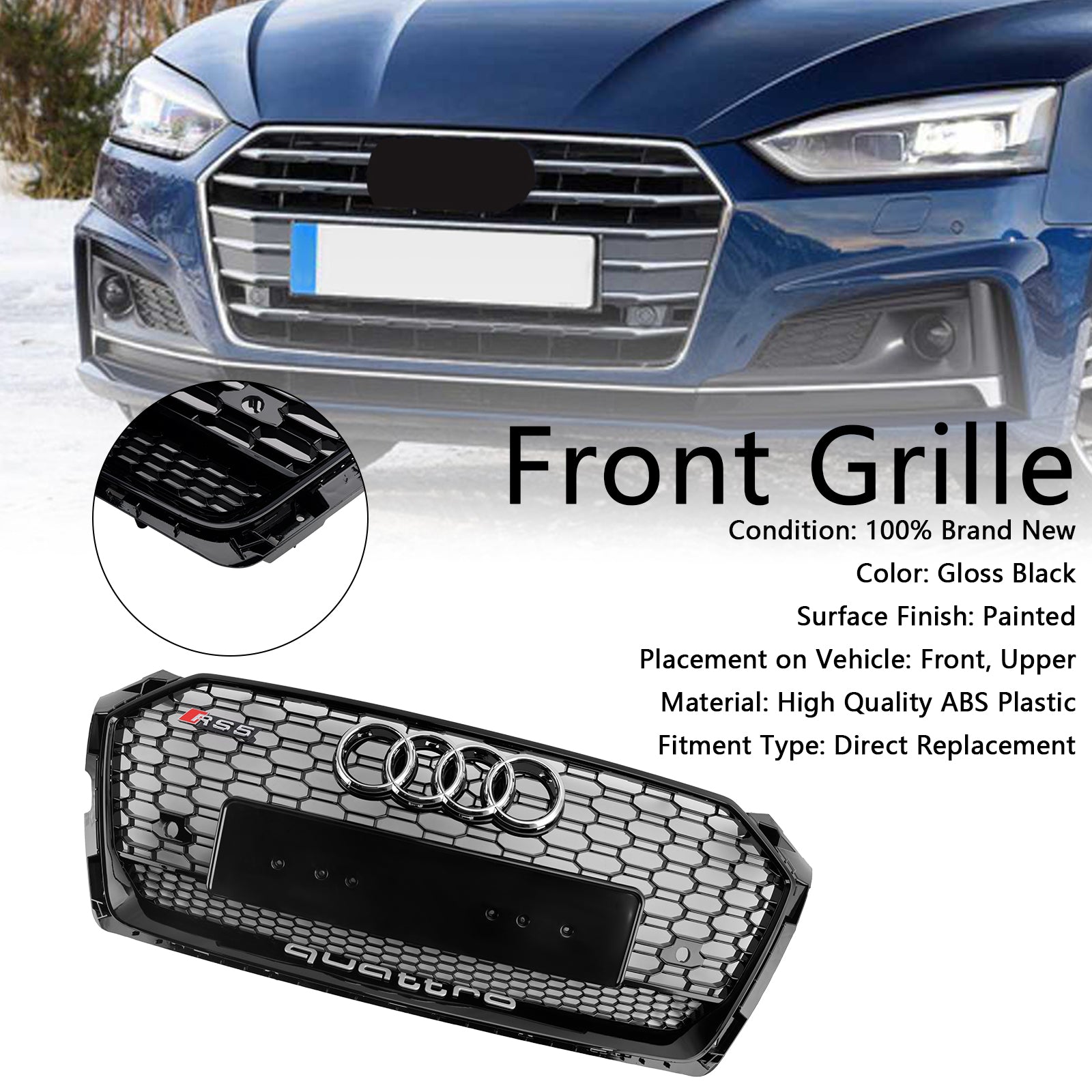 Grille en nid d'abeille pour pare-chocs avant Audi A5 / A5 Sline / S5 RS5 2017-2019 Grille hexagonale noire en maille sport