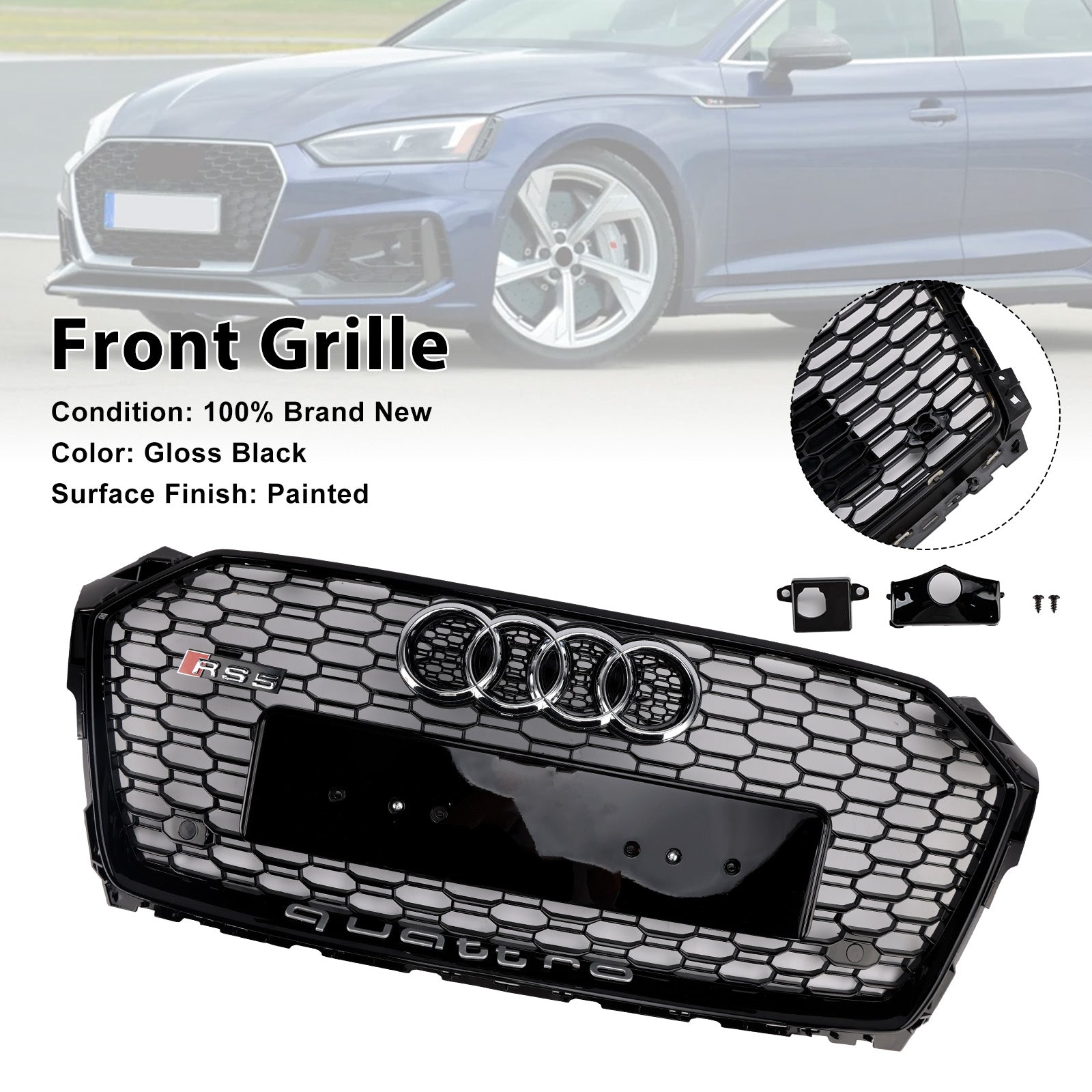 Audi A5 S5 B9 2017-2019 RS5 Style Sport Parrilla delantera tipo panal Parrilla Quattro negra con emblema de anillo