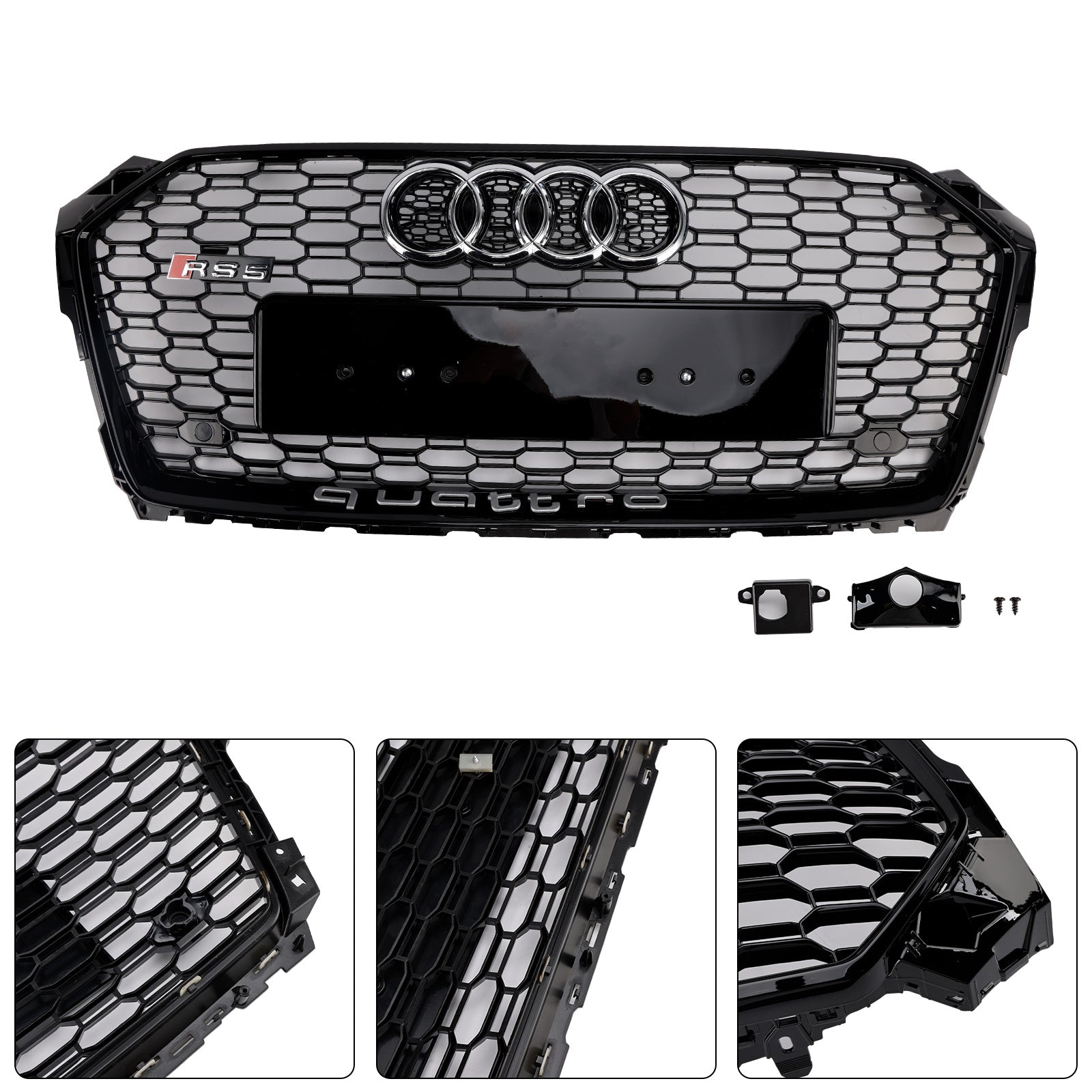 Audi A5 S5 B9 2017-2019 RS5 Style Sport Parrilla delantera tipo panal Parrilla Quattro negra con emblema de anillo