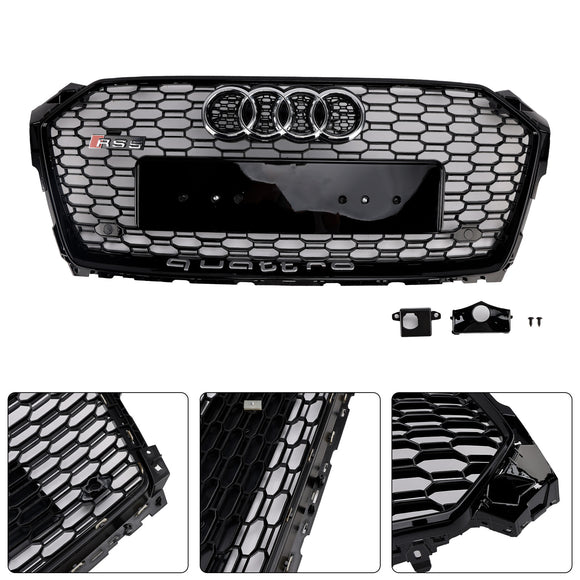 Audi A5 S5 B9 2017-2019 RS5 Estilo Sport Front Honeycomb Grille Preto Quattro Grill Com Anel Emblema