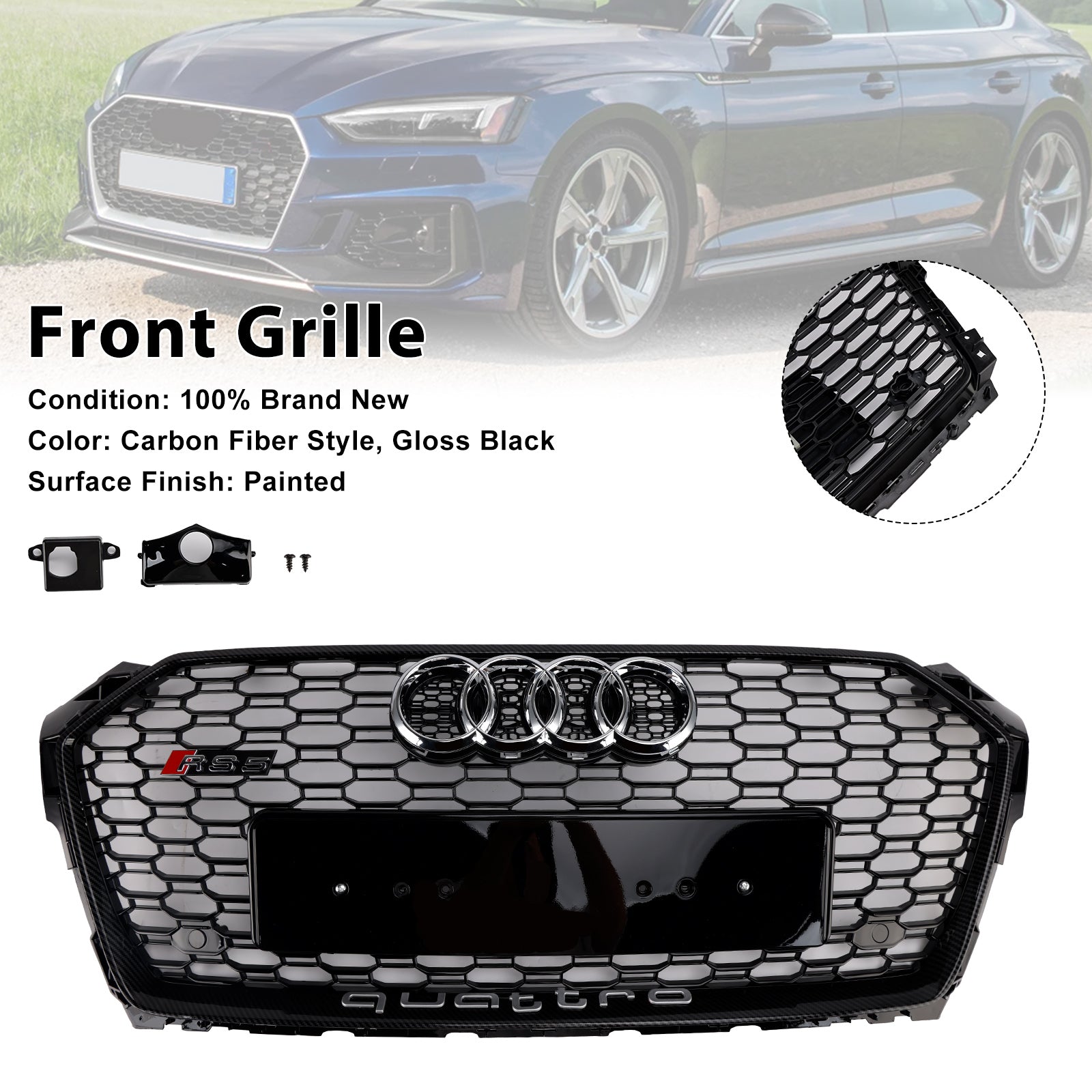 2017-2019 RS5 Style Sport Front Honeycomb Grill Grille Fit Audi A5 S5 B9