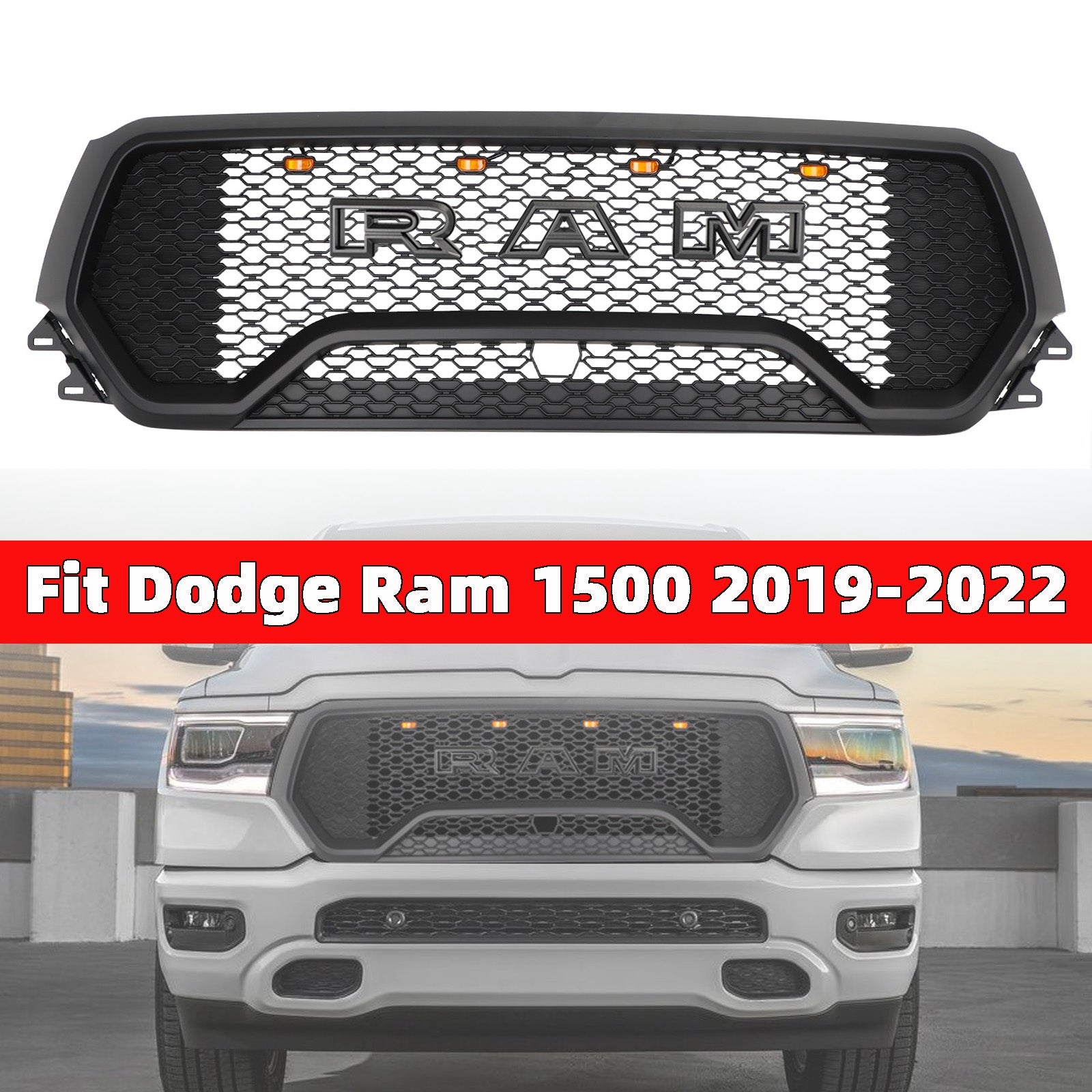 2019-2022 Dodge Ram 1500 Grill TRX Style LED Grille de capot supérieur avant en nid d'abeille