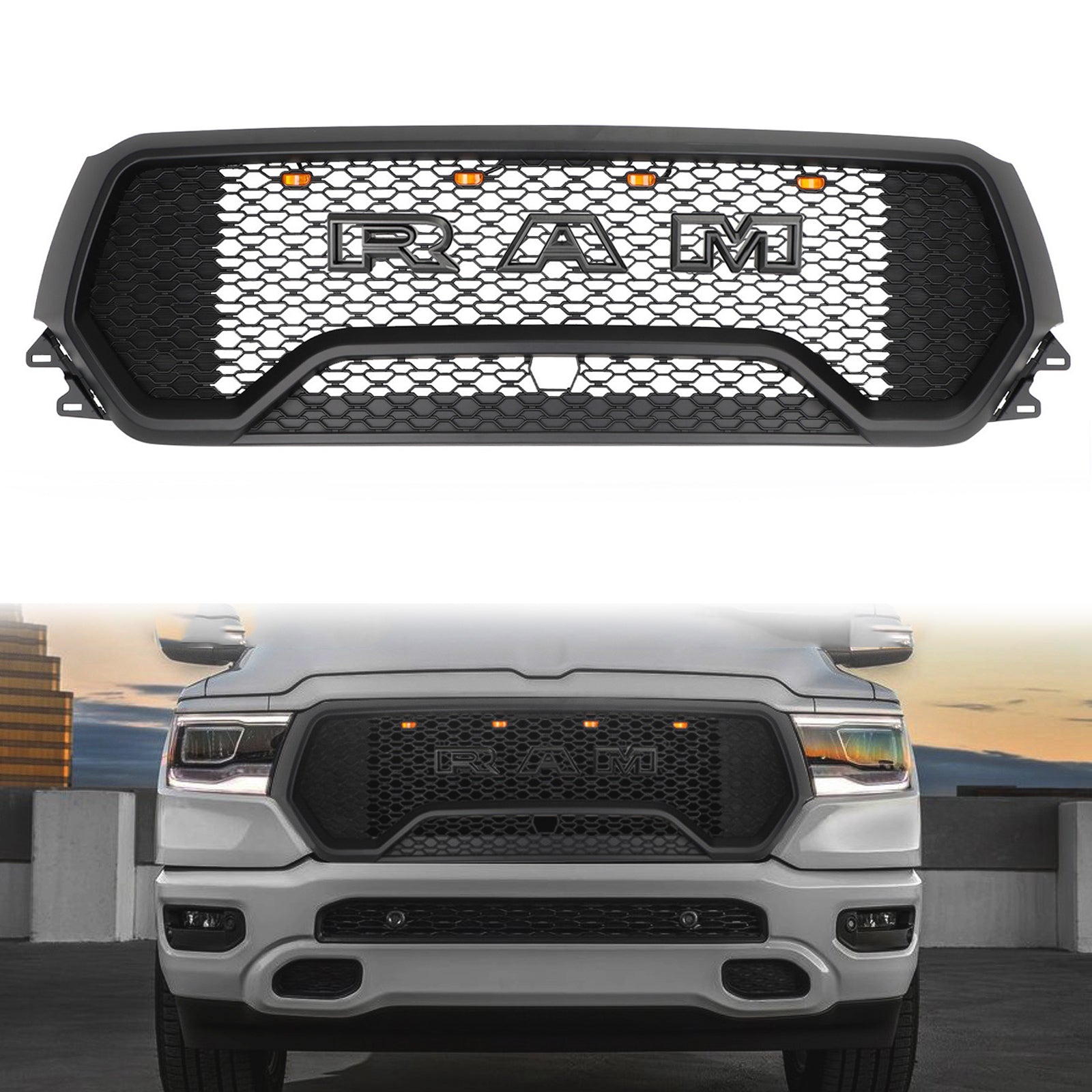 Parrilla delantera superior del capó con diseño de panal de abeja estilo TRX de Dodge Ram 1500 2019-2022