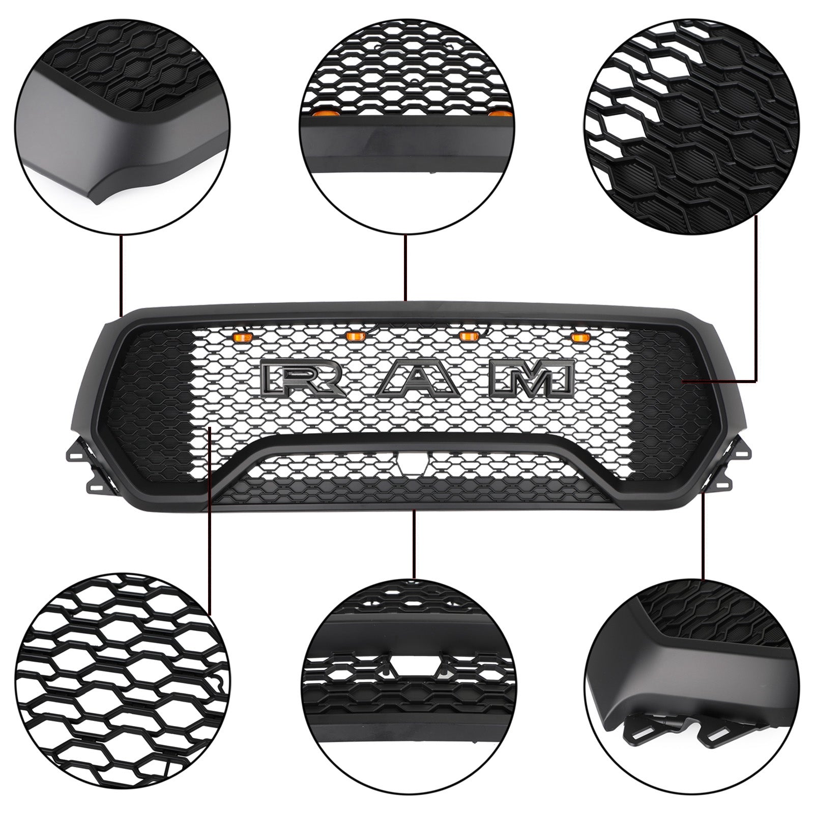 Dodge Ram 1500 2019-2024 Rebel Style Front Grill Black Front Bumper Honeycomb Upper Grille W/ LED