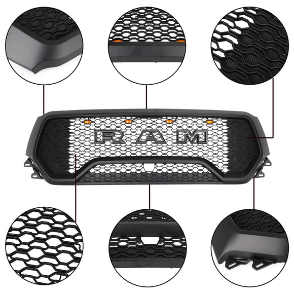Dodge Ram 1500 2019-2024 Rebel Style Front Grill Black Front Bumper Honeycomb Upper Grille W/ LED