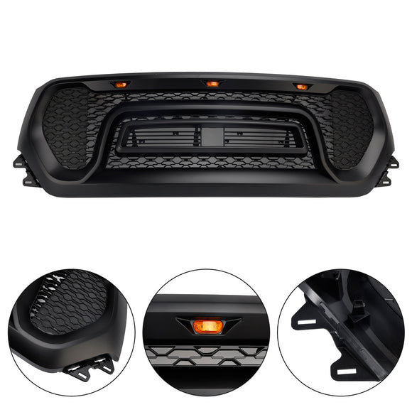 Dodge Ram 1500 2019-2024 Parrilla delantera estilo rebelde Parachoques delantero negro Parrilla superior en forma de panal con LED & Letra RAM