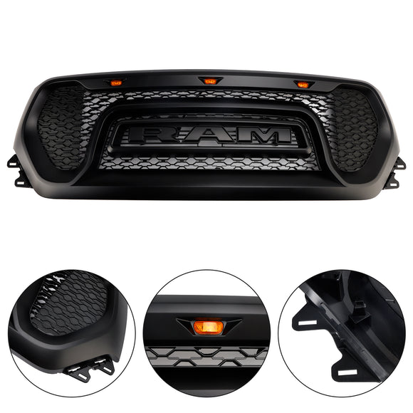Dodge Ram 1500 2019-2024 Rebel Style Front Grill Black Front Bumper Honeycomb Upper Grille W/ LED