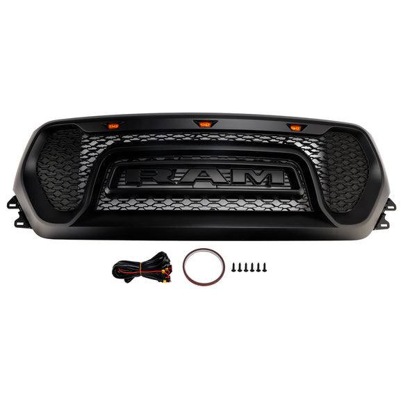 Dodge Ram 1500 2019-2024 Rebel Style Front Grill Black Front Bumper Honeycomb Upper Grille W/ LED