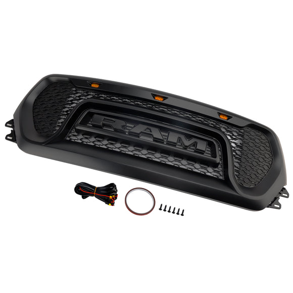 Dodge Ram 1500 2019-2024 Rebel Style Front Grill Black Front Bumper Honeycomb Upper Grille W/ LED