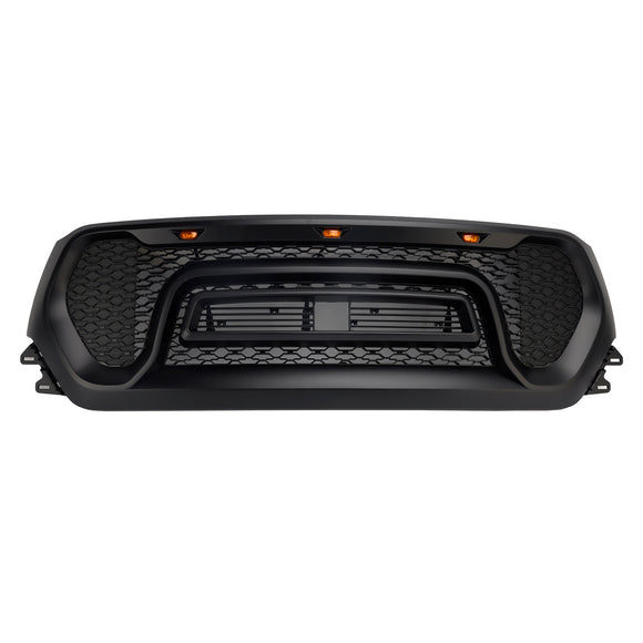 Dodge Ram 1500 2019-2024 Parrilla delantera estilo rebelde Parachoques delantero negro Parrilla superior en forma de panal con LED & Letra RAM