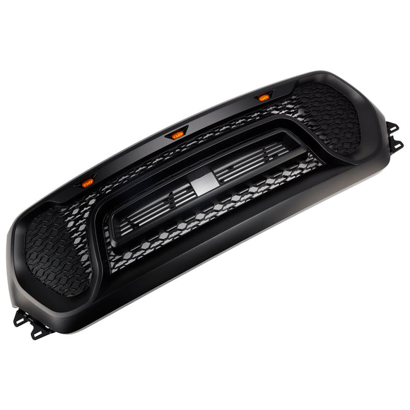Dodge Ram 1500 2019-2024 Parrilla delantera estilo rebelde Parachoques delantero negro Parrilla superior en forma de panal con LED & Letra RAM