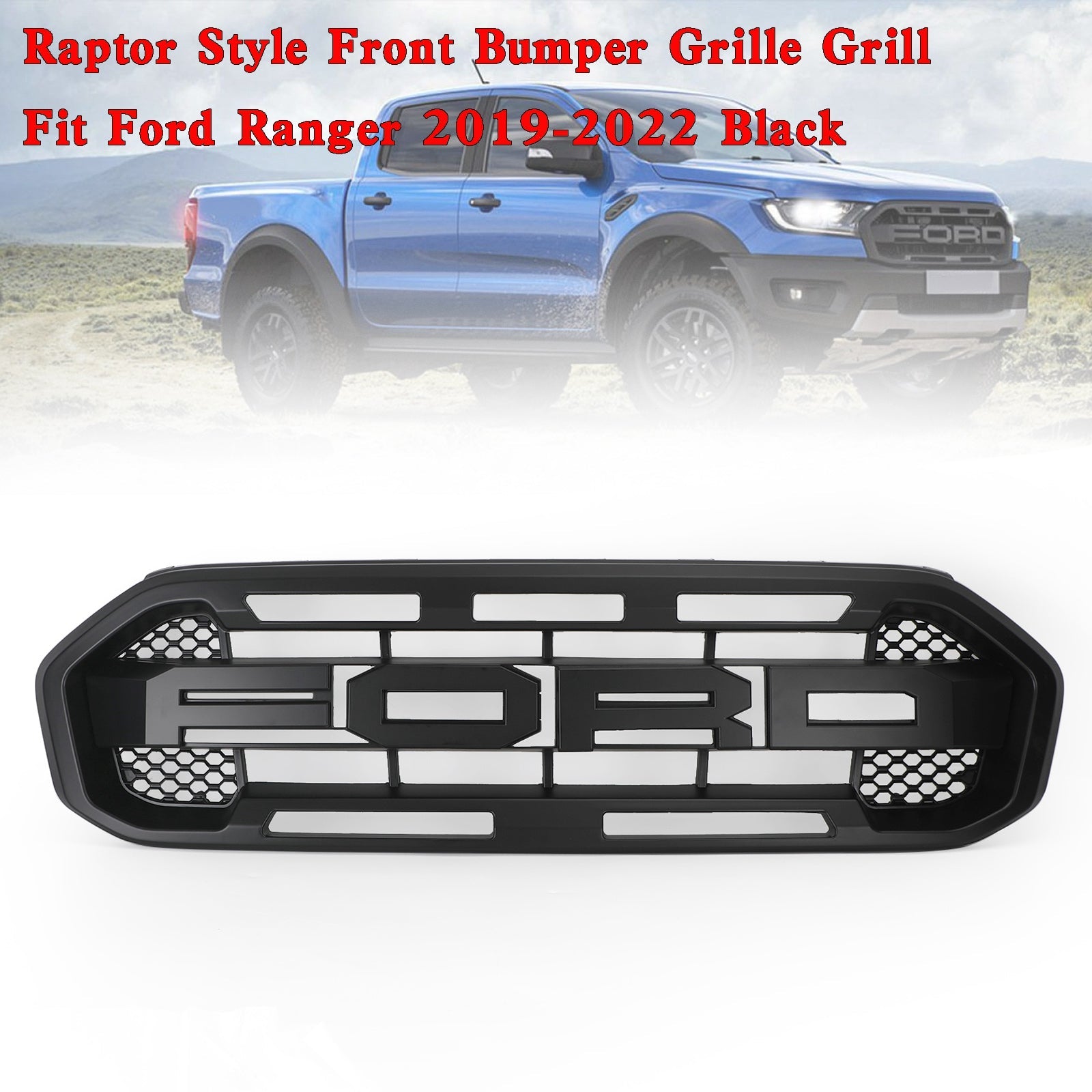 Reemplazo de rejilla de parachoques delantero estilo Raptor para Ford Ranger 2019-2023, color negro