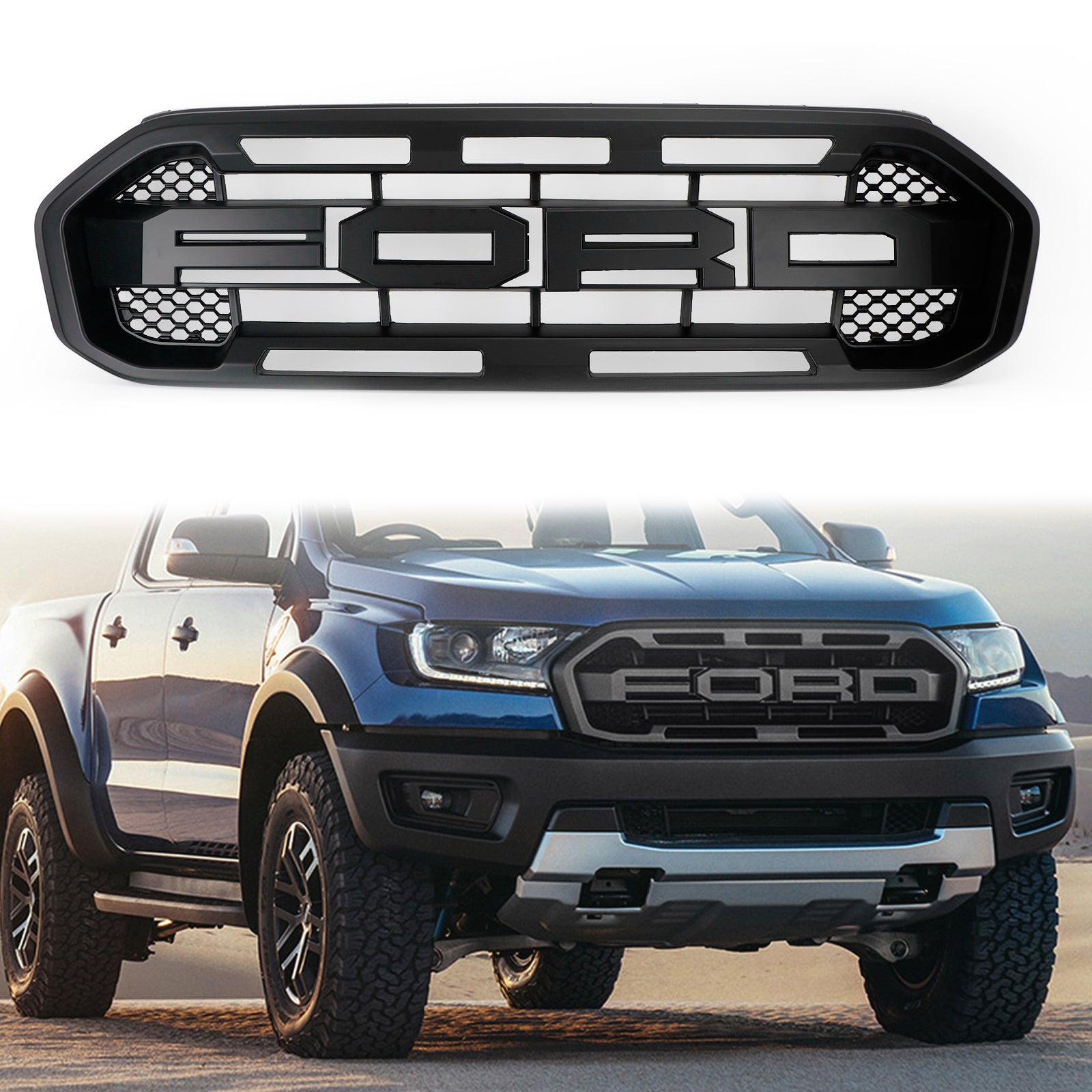 Grille de pare-chocs avant de remplacement de style Raptor T8 noir Ford Ranger 2019-2023 Grille noire