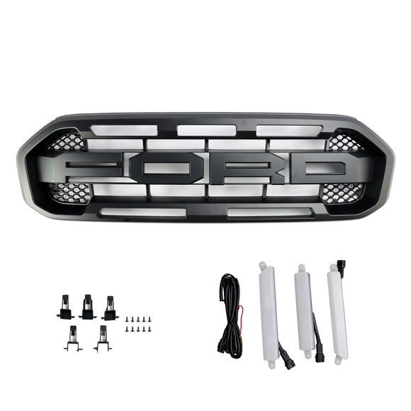 Ford Ranger 2019-2023 Grille de pare-chocs avant Raptor/Nid d'abeille/Grille noire de style maille avec 3 lumières LED blanches