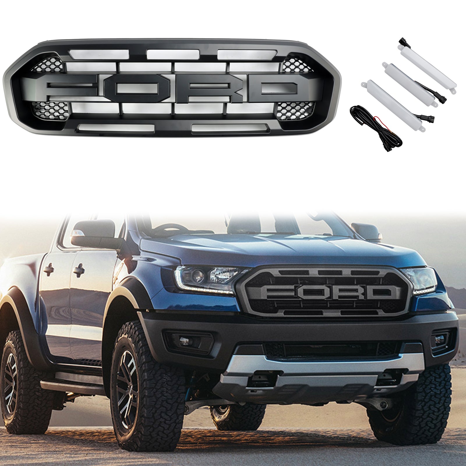 2019-2023 Ford Ranger Black T8 Raptor Style Front Bumper Grill Black Grille W/ 3 White LED Light