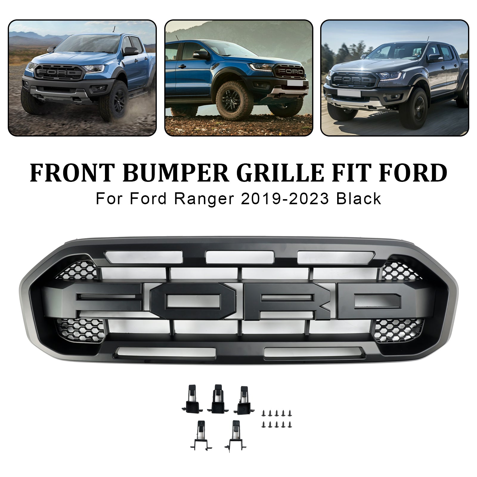 2019-2023 Ford Ranger Black Raptor Style Front Bumper Grill Replacement Black Grille