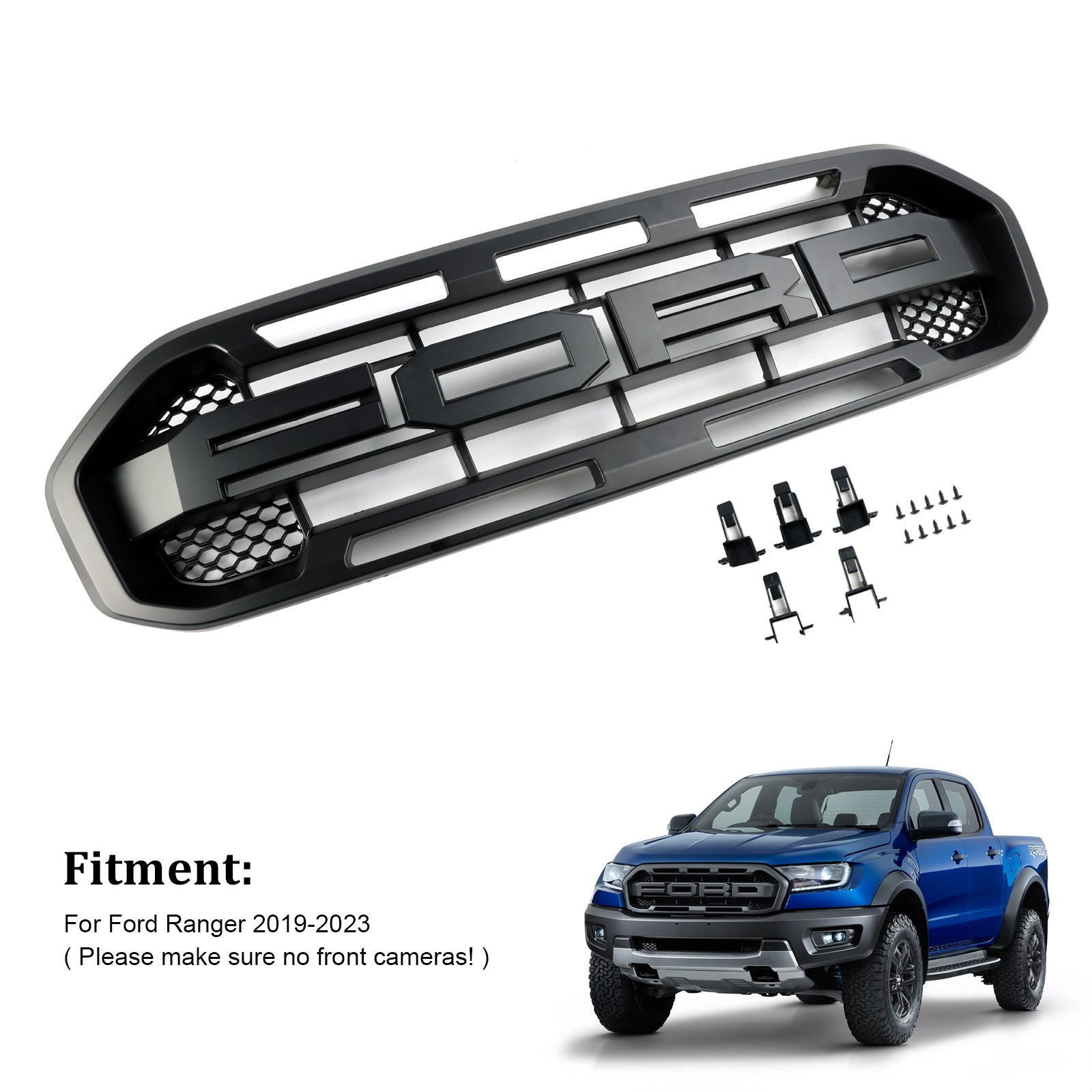 Grille de pare-chocs avant de remplacement de style Raptor noir Ford Ranger 2019-2023 Grille noire