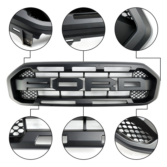 Ford Ranger 2019-2023 Grille de pare-chocs avant Raptor/Nid d'abeille/Grille noire de style maille avec 3 lumières LED blanches