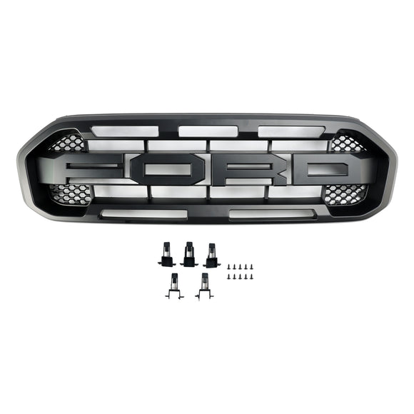 Ford Ranger 2019-2023 Grille de pare-chocs avant Raptor/Nid d'abeille/Grille noire de style maille avec 3 lumières LED blanches