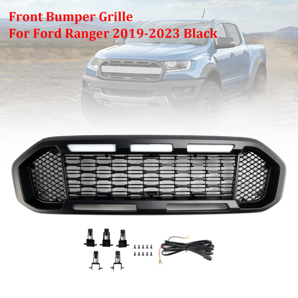 Ford Ranger 2019-2023 Grille de pare-chocs avant Raptor/Nid d'abeille/Grille noire de style maille avec 3 lumières LED blanches
