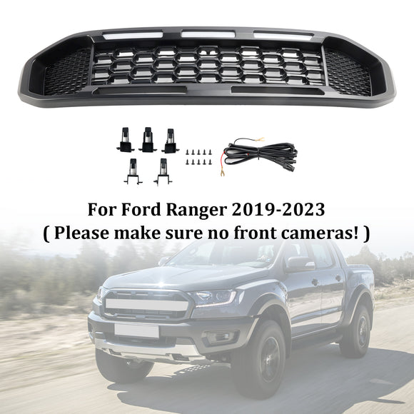 Ford Ranger 2019-2023 Grille de pare-chocs avant Raptor/Nid d'abeille/Grille noire de style maille avec 3 lumières LED blanches