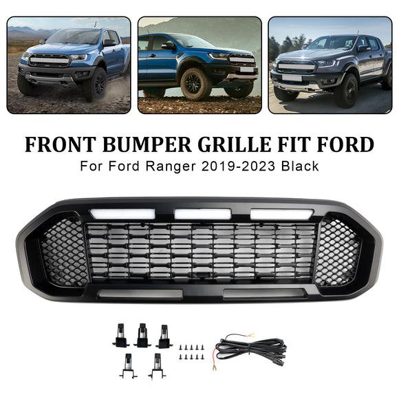 Ford Ranger 2019-2023 Grille de pare-chocs avant Raptor/Nid d'abeille/Grille noire de style maille avec 3 lumières LED blanches