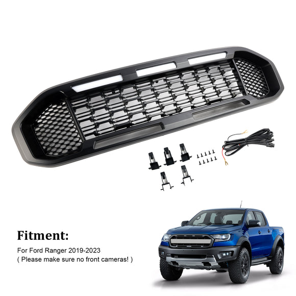 Ford Ranger 2019-2023 Grille de pare-chocs avant Raptor/Nid d'abeille/Grille noire de style maille avec 3 lumières LED blanches