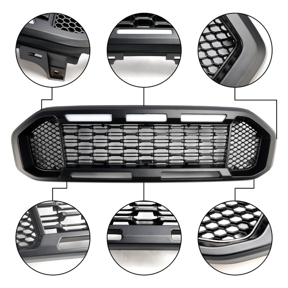 Ford Ranger 2019-2023 Grille de pare-chocs avant Raptor/Nid d'abeille/Grille noire de style maille avec 3 lumières LED blanches