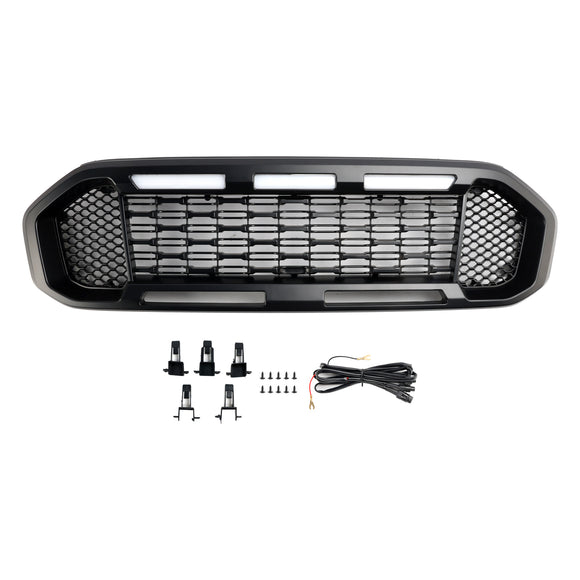 Ford Ranger 2019-2023 Grille de pare-chocs avant Raptor/Nid d'abeille/Grille noire de style maille avec 3 lumières LED blanches