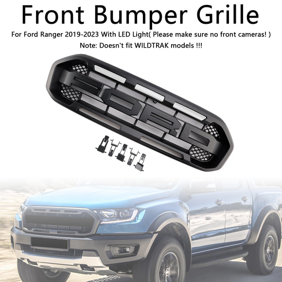 2019-2023 Ford Ranger Black Raptor Style Front Bumper Grill Black Grille W/ 3 White LED Light